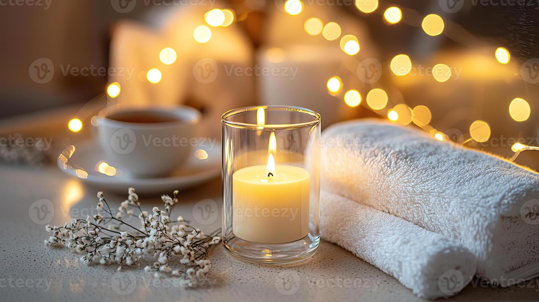 Blank clear straight candle glass amidst a setting with a plush pillow, a scented diffuser, and delicate string lights, modern warm bedroom mockup, serene and stylish photo