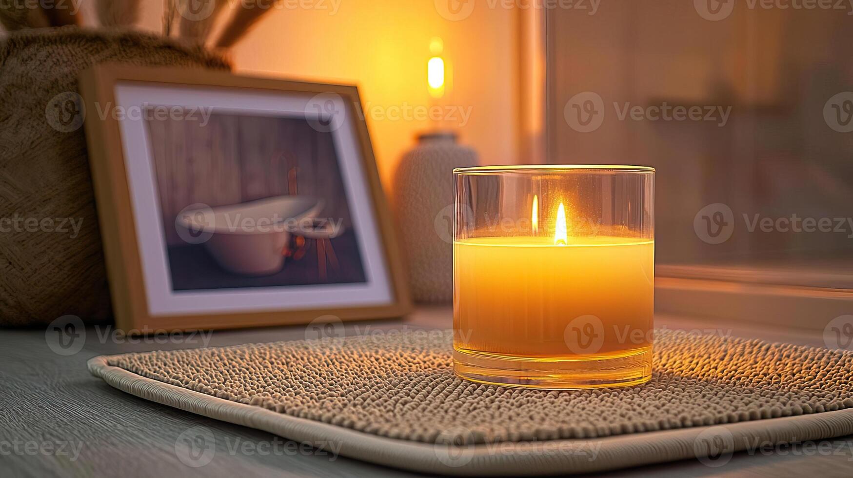 Blank clear straight candle glass amidst a setting with a plush pillow, a scented diffuser, and delicate string lights, modern warm bedroom mockup, serene and stylish photo