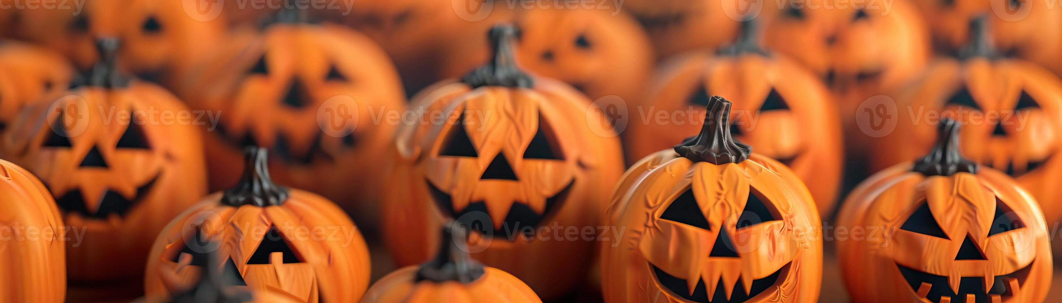Diverse Jack-o'-lantern expressions, forming a lively Halloween background, editorial photography, empty space for text on side photo