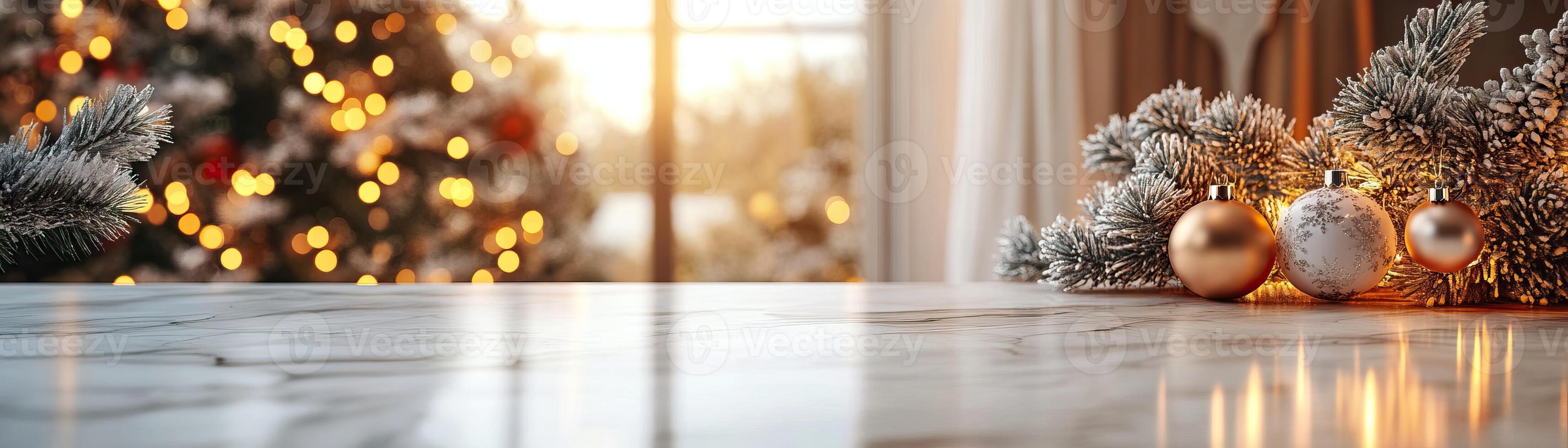 Sleek marble counter mockup against a cozy Christmas backdrop with a decorated tree and stockings, warm holiday ambiance, editorial shot, empty copy space for text on side photo
