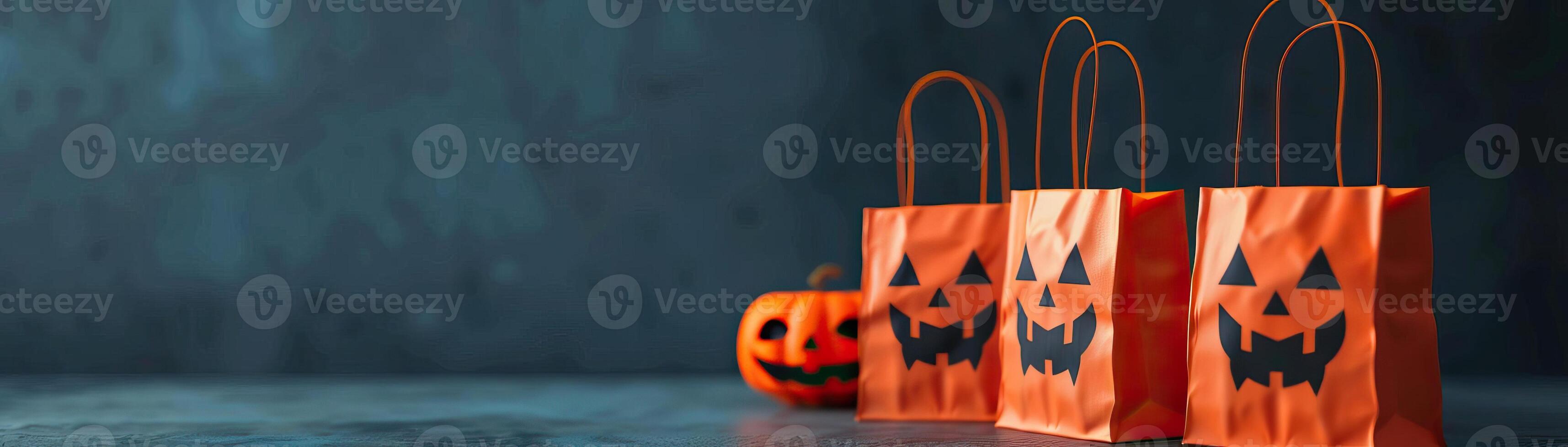 Candy bags with Halloween motifs, filled with treats, festive and spooky atmosphere, editorial photography, empty copy space on the right photo