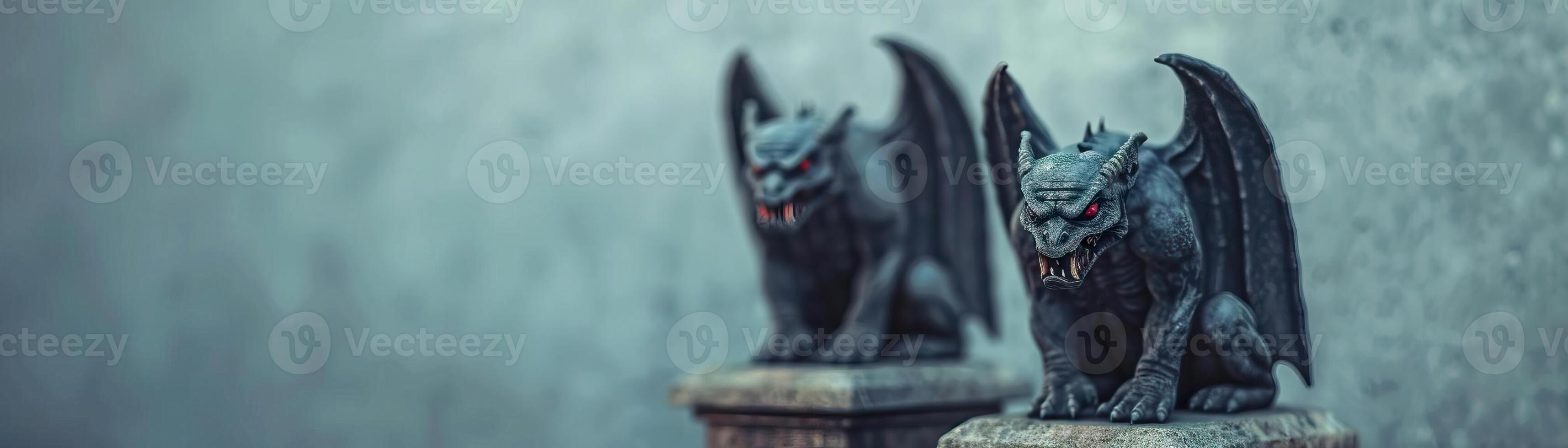 Gargoyles with fierce expressions atop pedestals, haunting and mystical scene, editorial shot, empty copy space for text photo