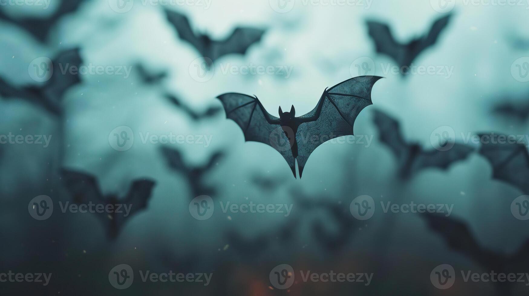 Bats flying in various directions, forming a creepy Halloween scene, editorial shot, empty copy space for text photo