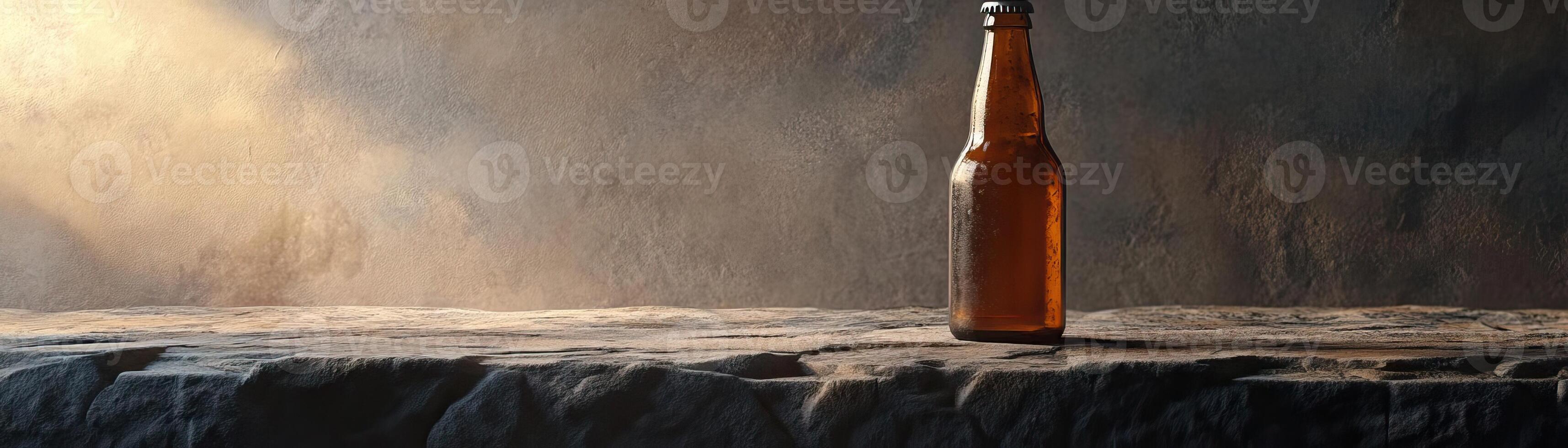 1 A zenlike setting with a single craft beer bottle centered on a stone slab, the composition against a cool, textured background, wide space for copy on one side photo