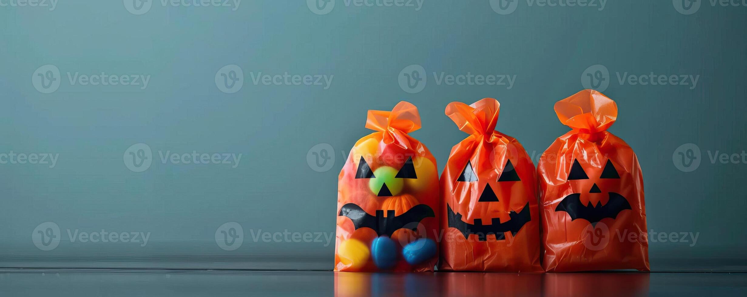 Halloween candy bags with pumpkin, ghost, and bat motifs, vibrant and fun, editorial photography, empty space for text on side photo