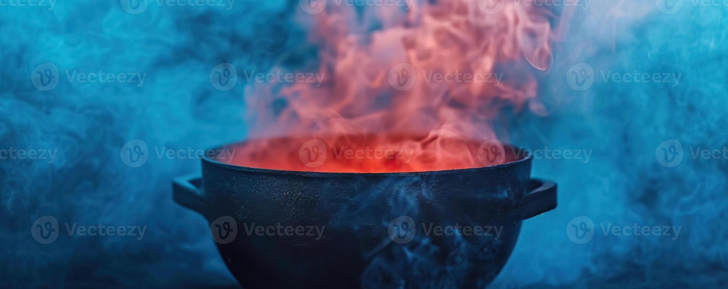 Close-up of a witch's cauldron with swirling magical smoke, creating a mystical background, editorial photography, empty space for text on left photo