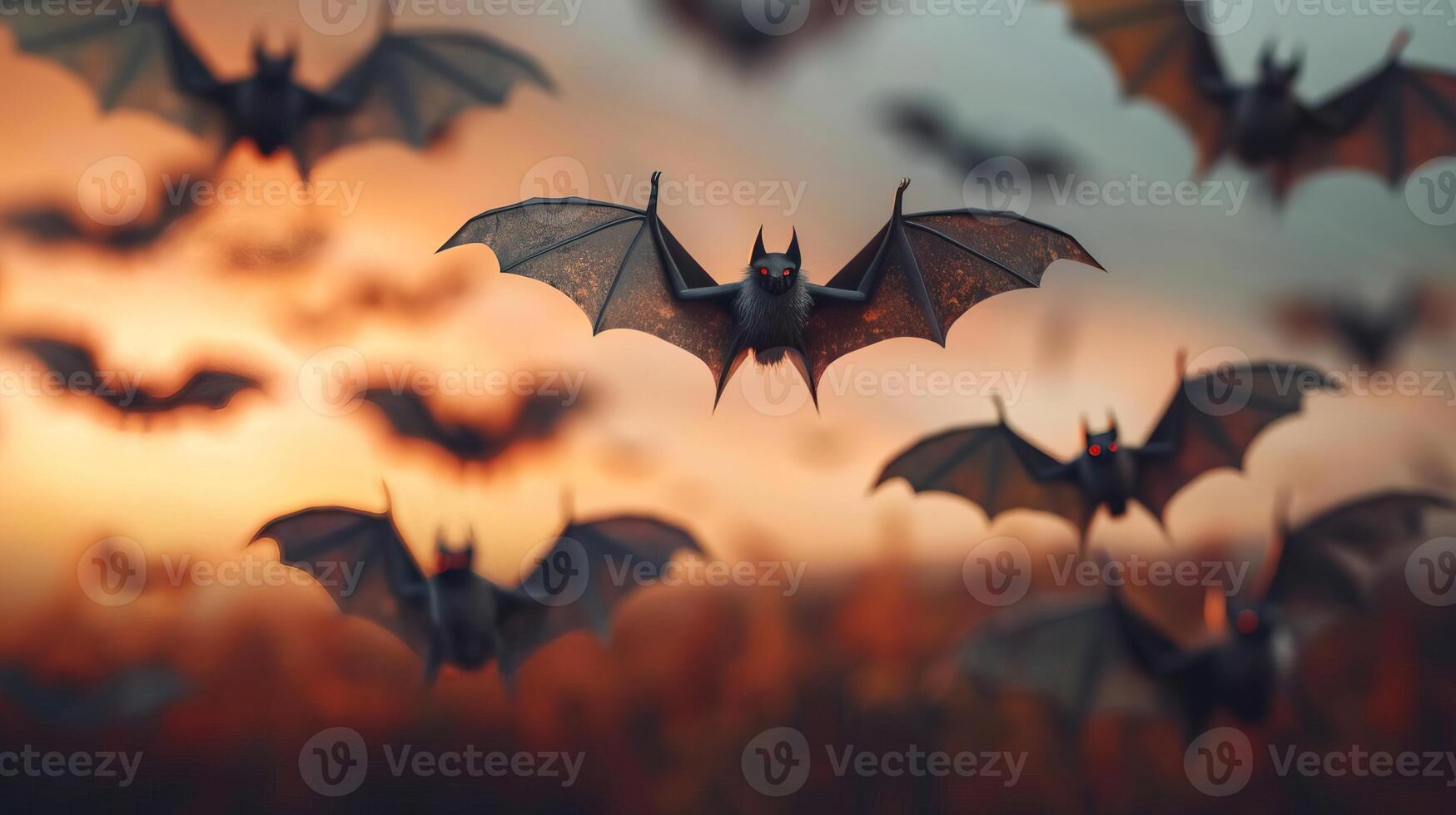 Bats flying in various directions, forming a creepy Halloween scene, editorial shot, empty copy space for text photo