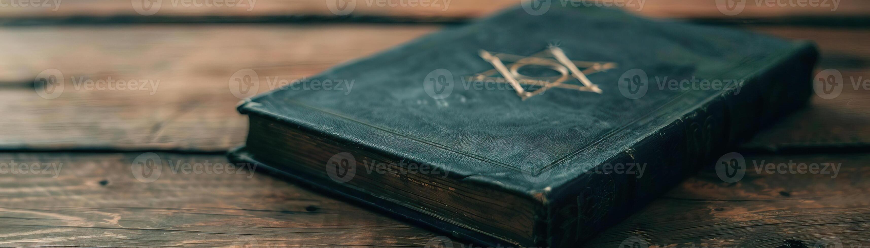 Close-up of an old witch's spell book, mystical and dark, editorial photography, empty space for text on left photo
