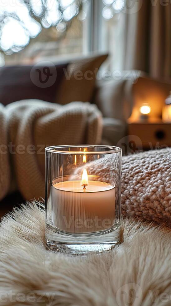 Blank clear straight candle glass amidst a setting with a plush pillow, a scented diffuser, and delicate string lights, modern warm bedroom mockup, serene and stylish photo