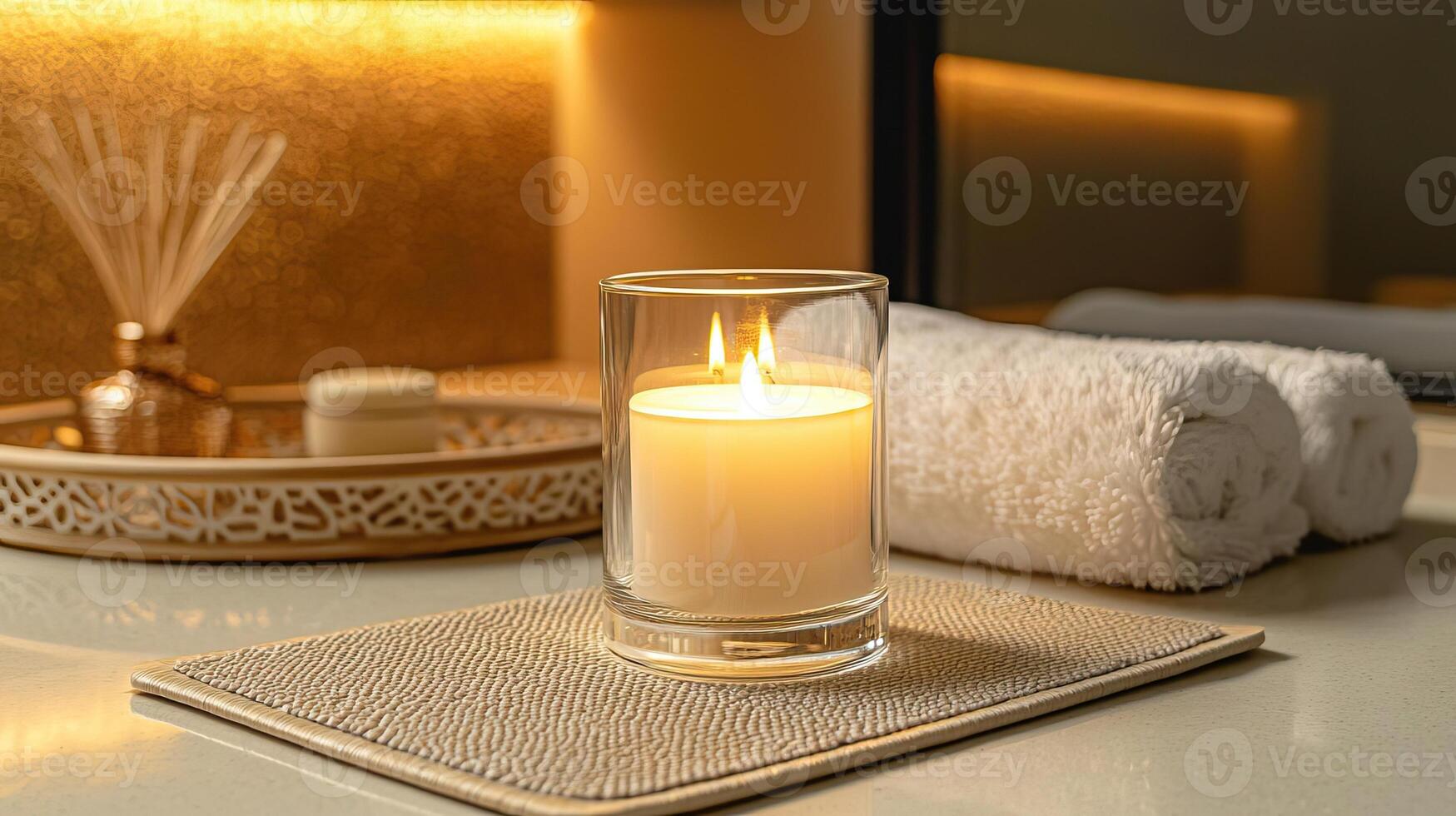 Blank clear straight candle glass amidst a setting with a plush pillow, a scented diffuser, and delicate string lights, modern warm bedroom mockup, serene and stylish photo