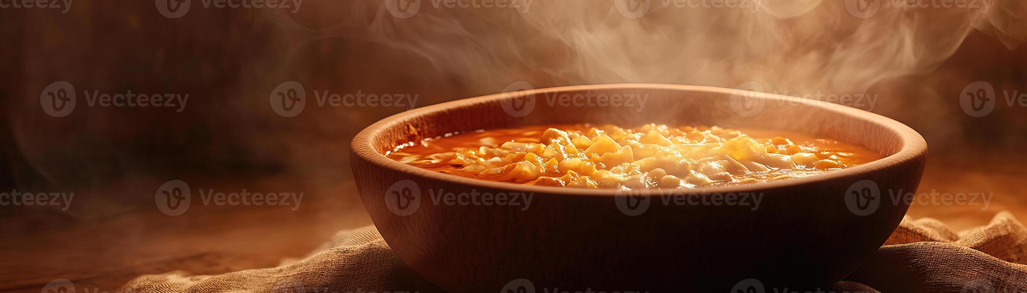 A steaming bowl of rich and fragrant soup, perfect for warming up on a cold day, showcasing vibrant colors and textures. photo
