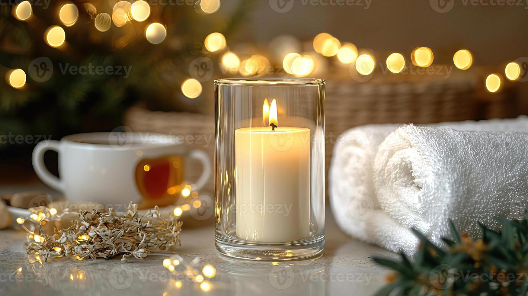 Blank clear straight candle glass amidst a setting with a plush pillow, a scented diffuser, and delicate string lights, modern warm bedroom mockup, serene and stylish photo