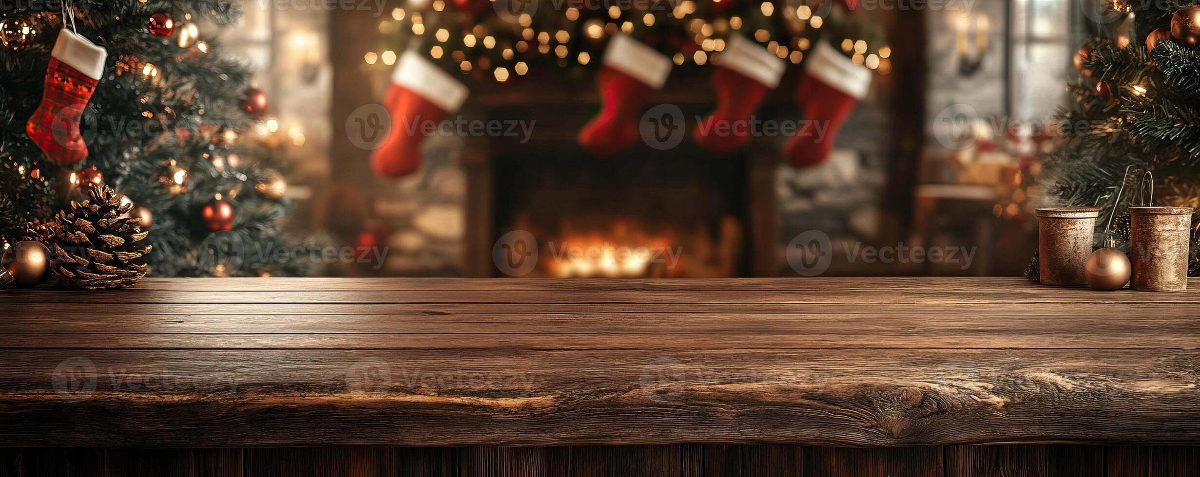 Rustic wooden counter mockup against a cozy Christmas backdrop with a decorated tree and stockings, warm holiday ambiance, editorial shot, empty copy space for text on side photo