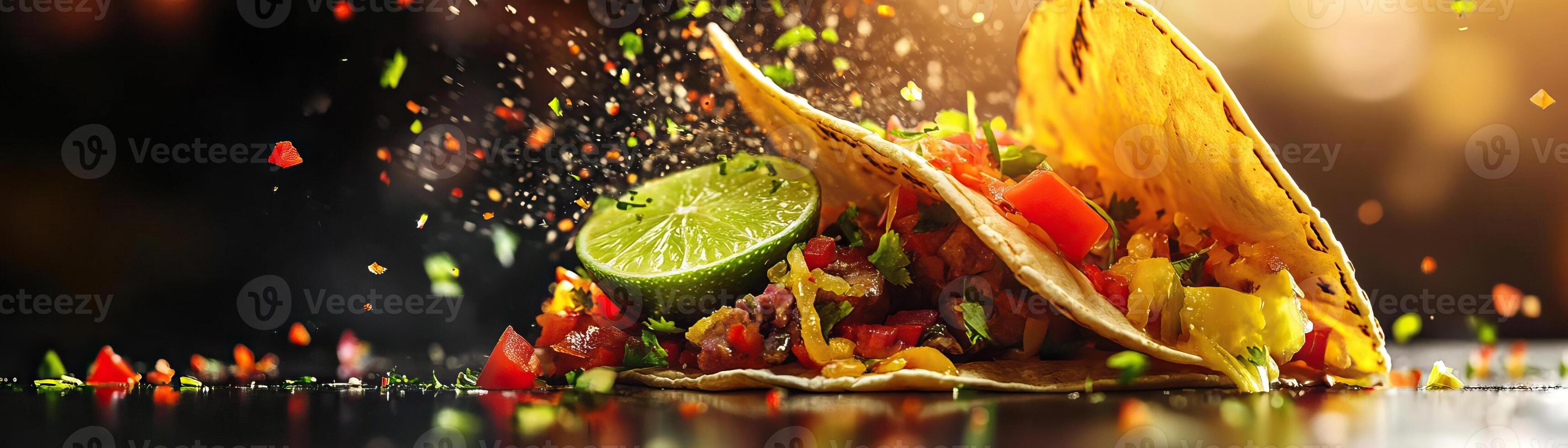 A vibrant taco filled with fresh ingredients and garnished with lime, creating a delicious and colorful culinary scene. photo