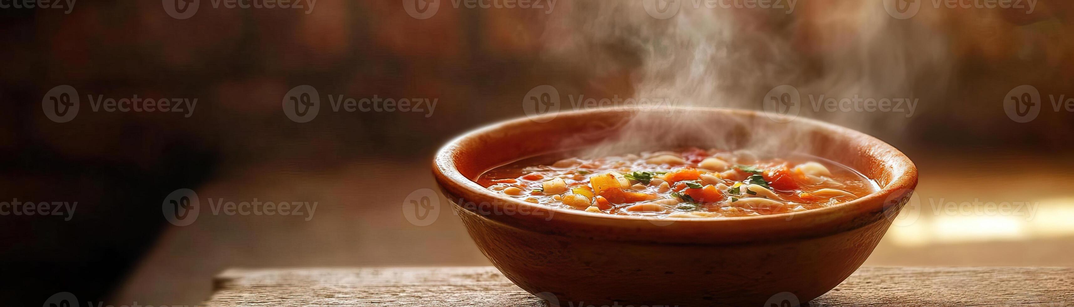 A steaming bowl of delicious soup, showcasing vibrant vegetables and rich flavors, perfect for cozy dining moments. photo