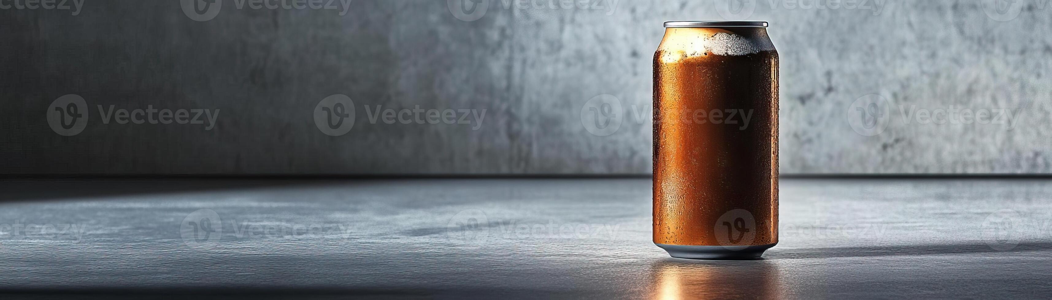 A contemporary, clean setup with a craft beer can, set against a sleek, grey background, wide space above for editorial content photo