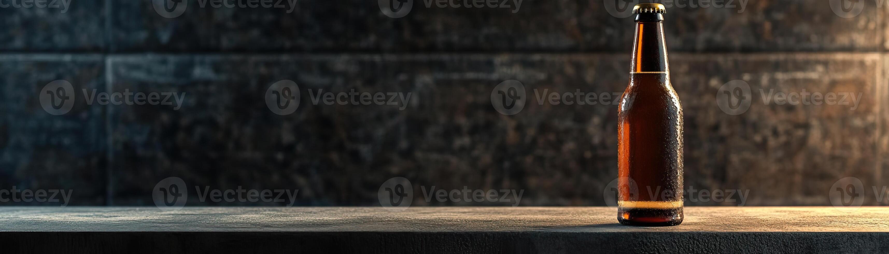 1 A sleek, contemporary craft beer setup, the bottle set on a polished concrete table, ambient light highlighting the texture of the beer, ample space above for minimalist text photo