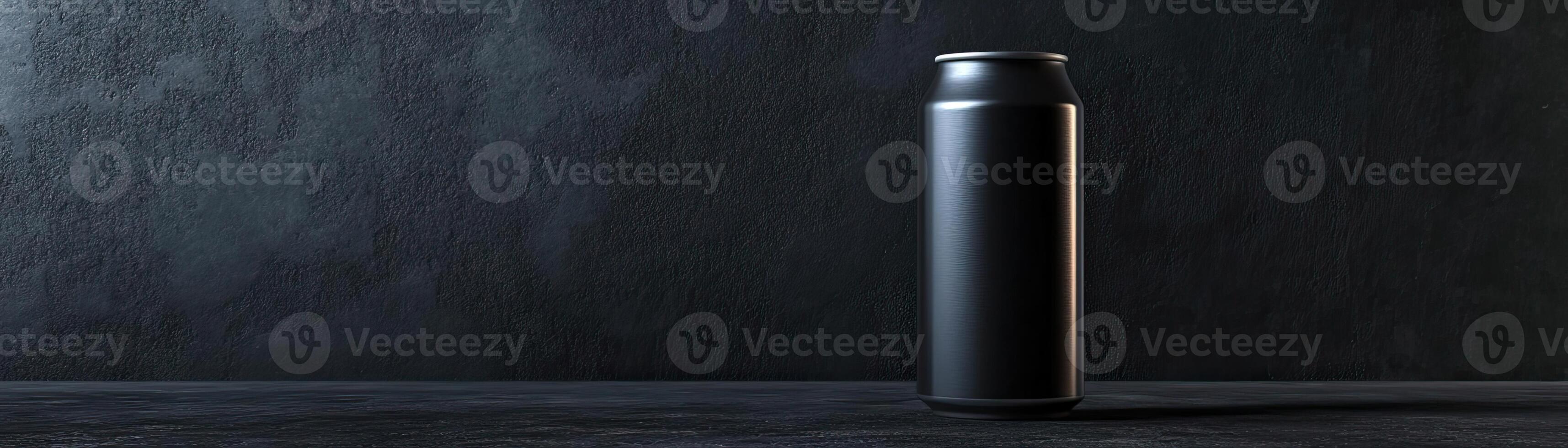 A minimalist composition of a craft beer can, clean lines against a dark, textured backdrop, panoramic space above for copy photo