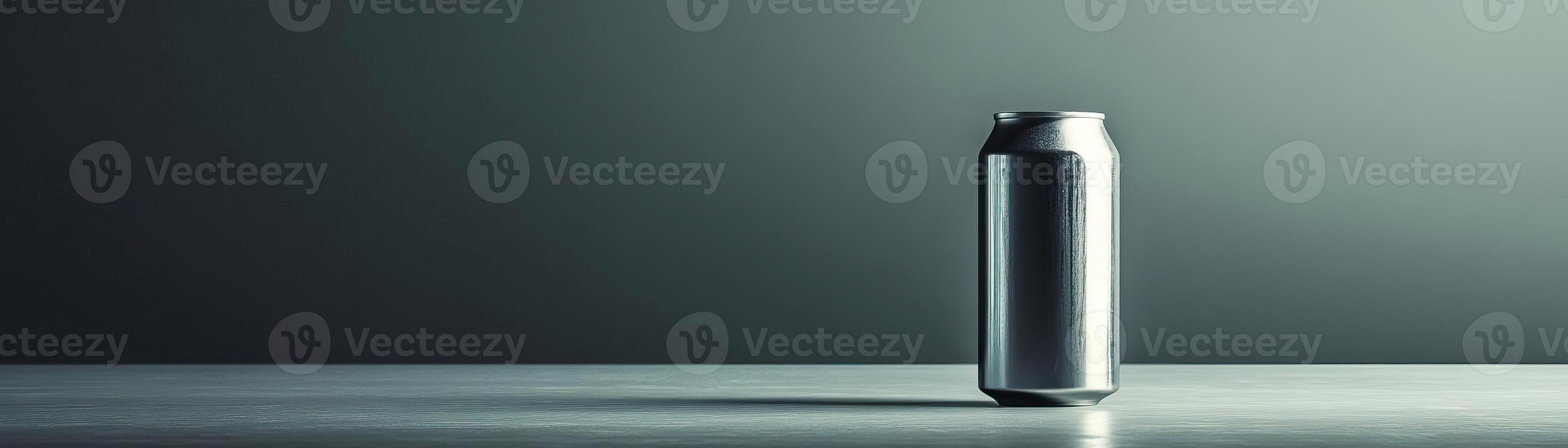 A contemporary, clean setup with a craft beer can, set against a sleek, grey background, wide space above for editorial content photo
