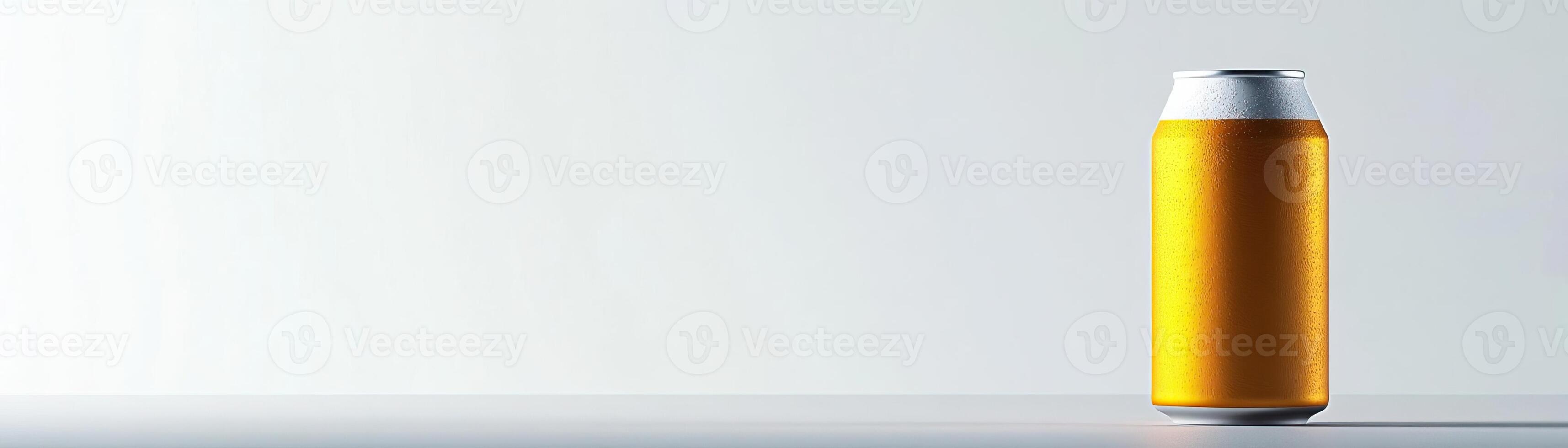 A highkey minimalist setup with a craft beer can, set against a crisp, white background, broad empty space on the right for promotional text photo
