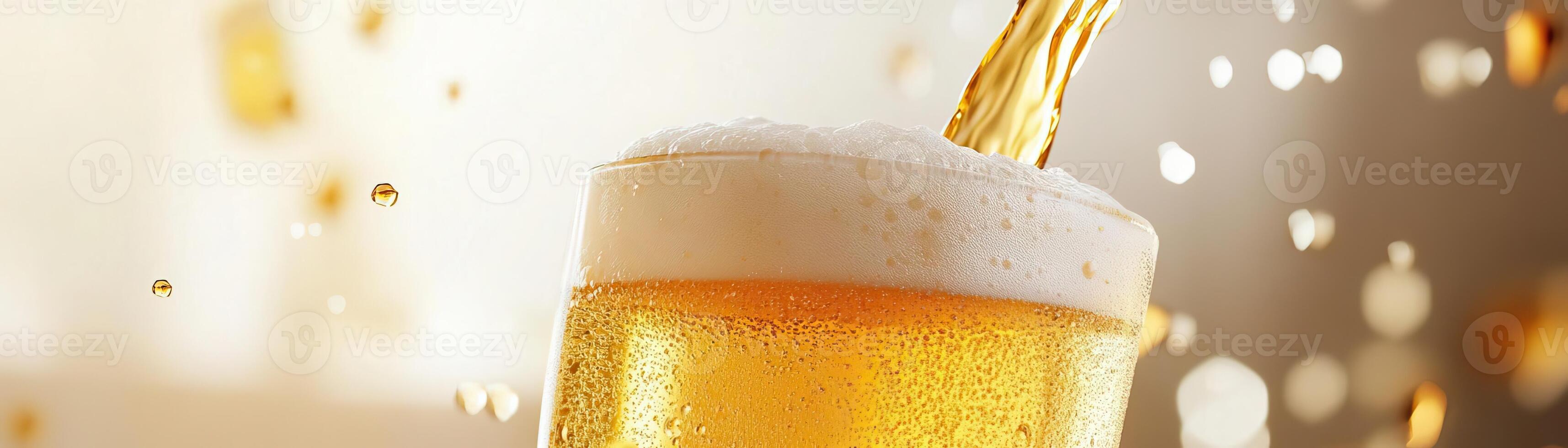 A dynamic moment captured with beer being poured into a frosty glass, the bubbles and foam in focus, against a clean, light backdrop, wide space on the side for advertising copy photo
