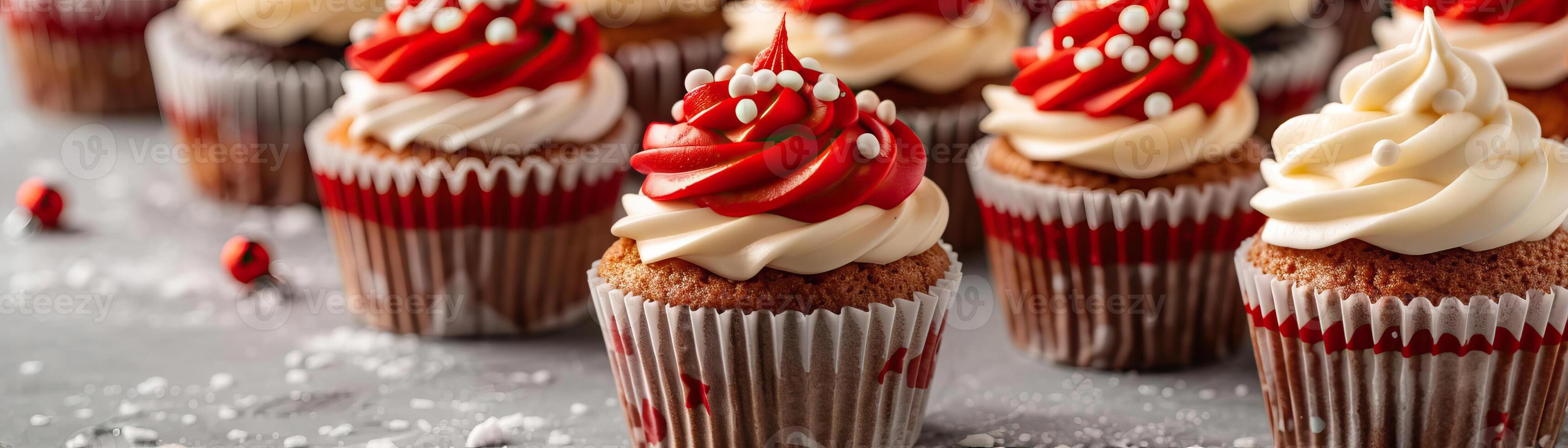 Assorted cupcakes with Christmas designs on a festive table, themed confections, editorial shot, empty copy space for text on side photo