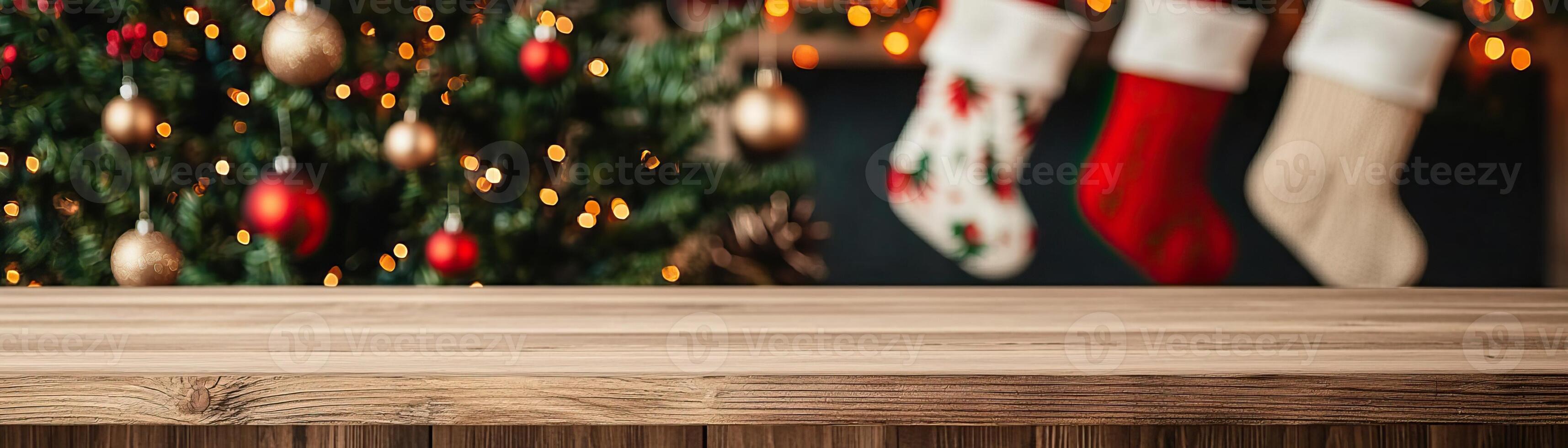 Rustic wooden counter mockup against a cozy Christmas backdrop with a decorated tree and stockings, warm holiday ambiance, editorial shot, empty copy space for text on side photo