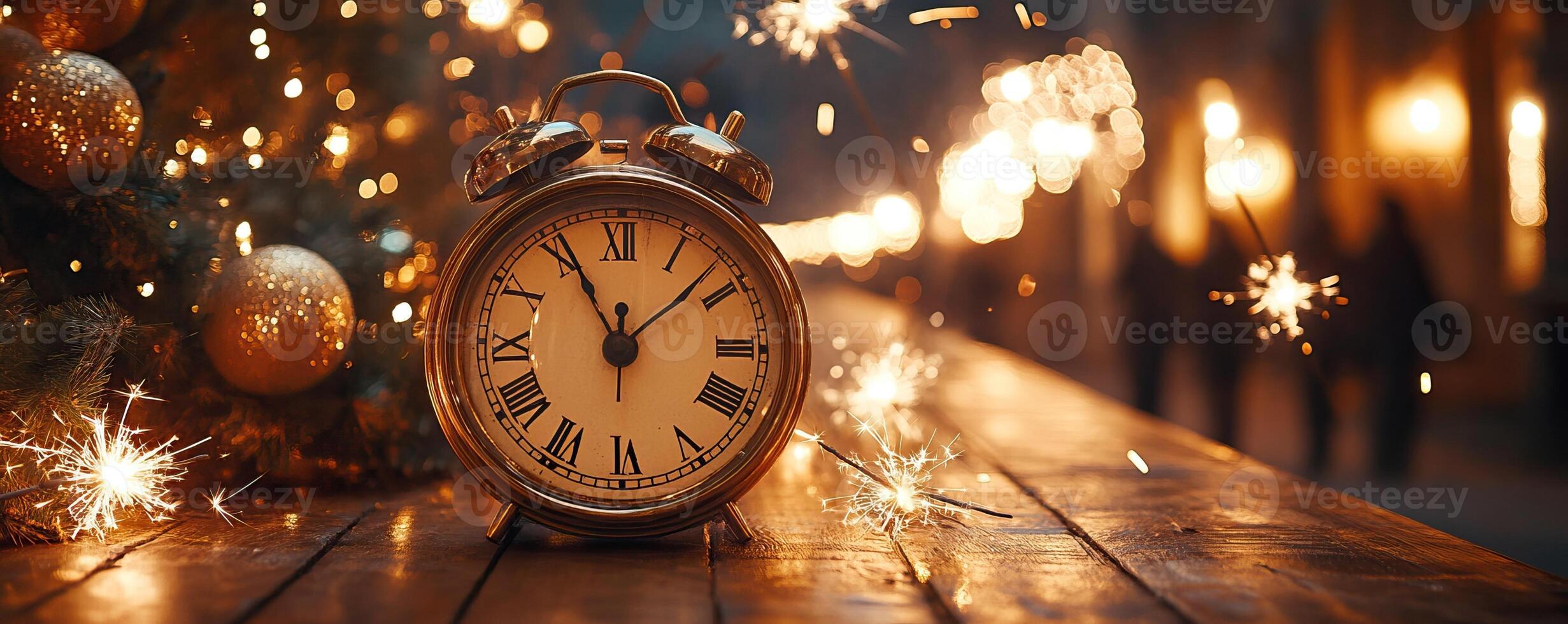 Festive wooden counter mockup with a backdrop of a clock striking midnight photo