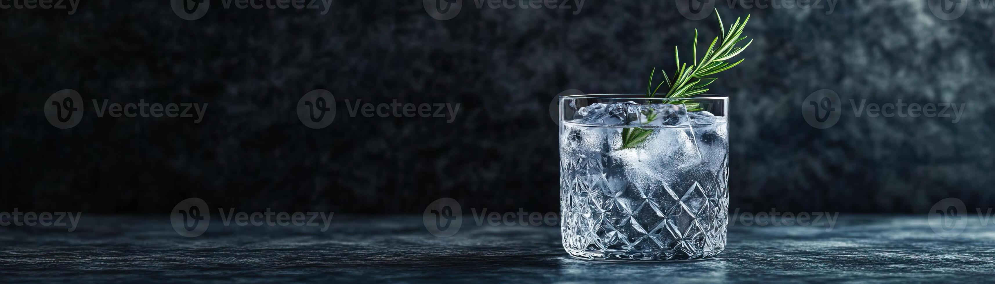 A minimalist composition of a highball glass, gin tonic with a garnish of rosemary, against a dark, textured backdrop, panoramic space above for copy photo