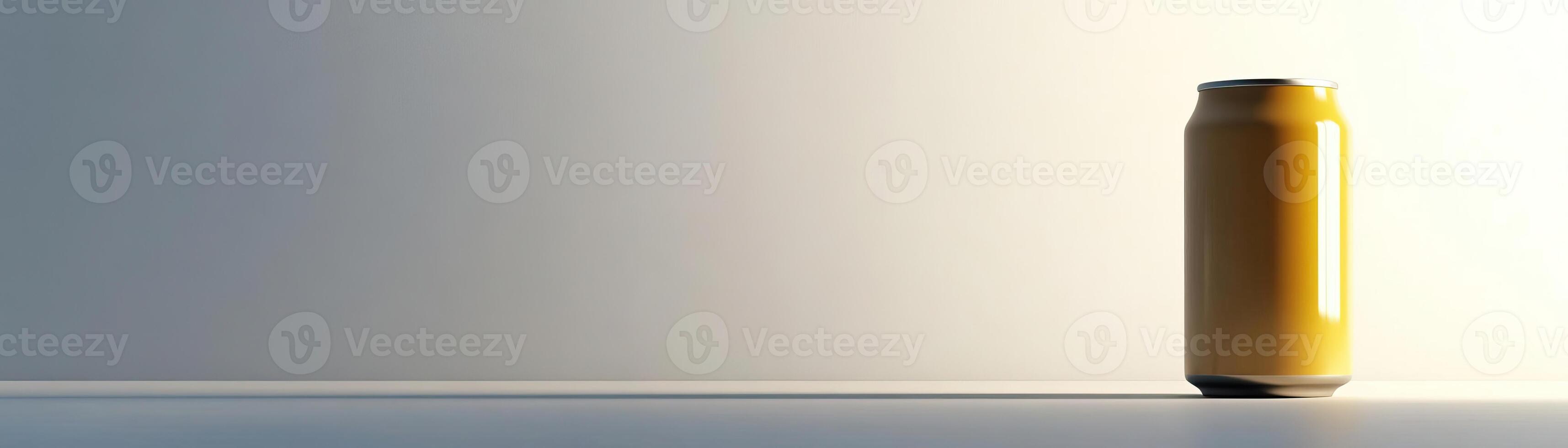 A highkey minimalist setup with a craft beer can, set against a crisp, white background, broad empty space on the right for promotional text photo