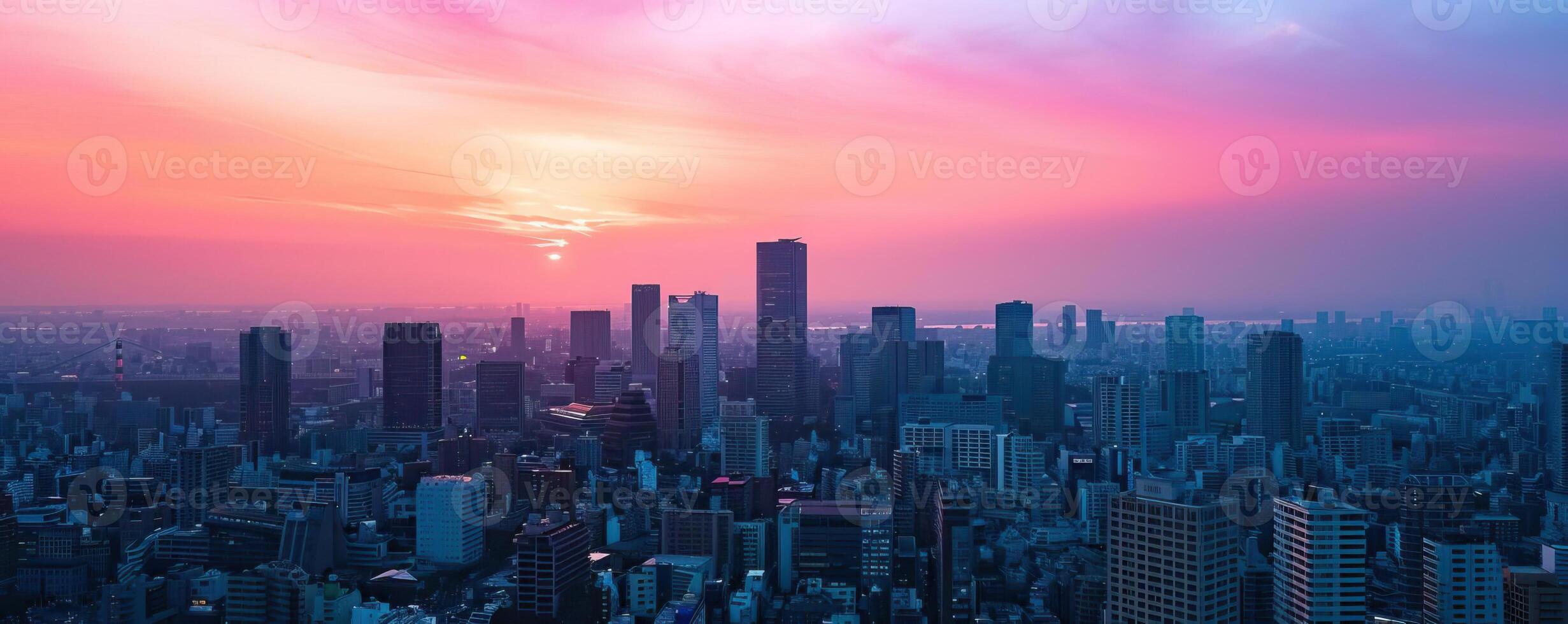 Drone photography capturing the skyline of a metropolitan area at sunset photo
