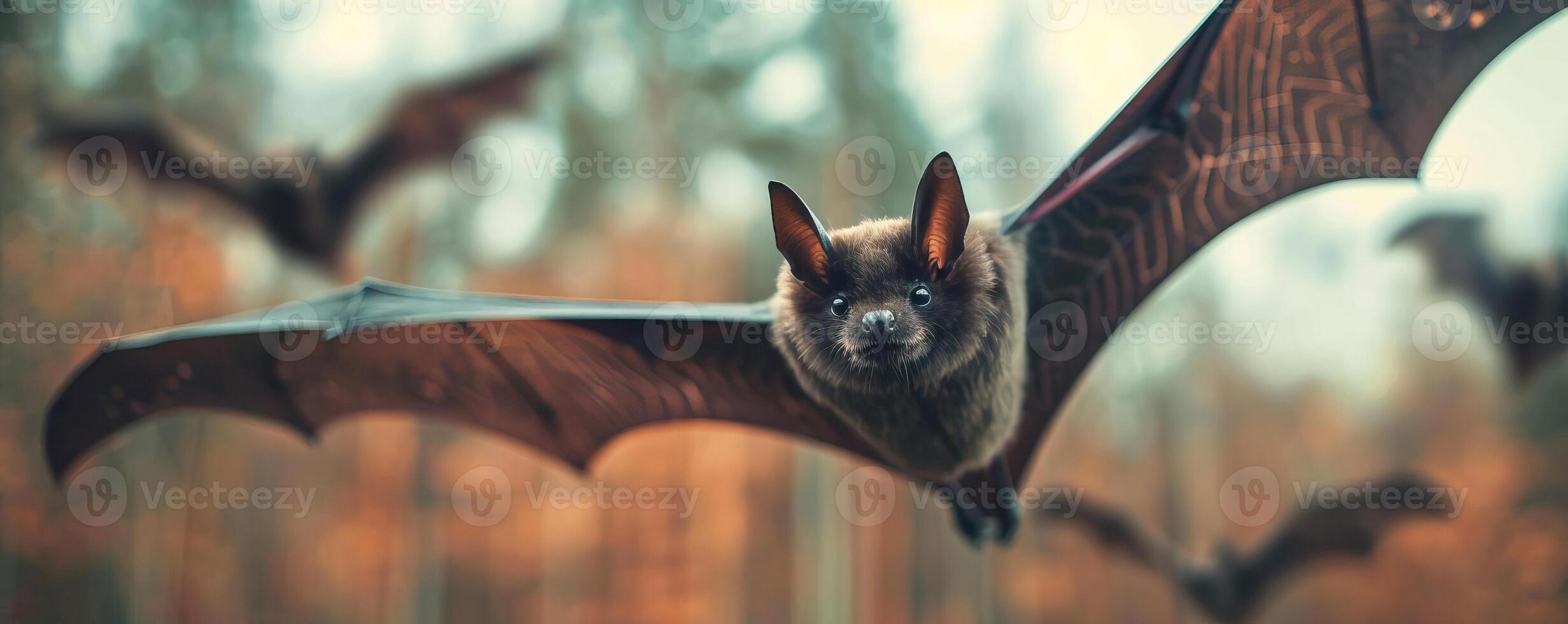 Close-up of bats in flight, creating a spooky Halloween background, editorial photography, empty space for text on left photo