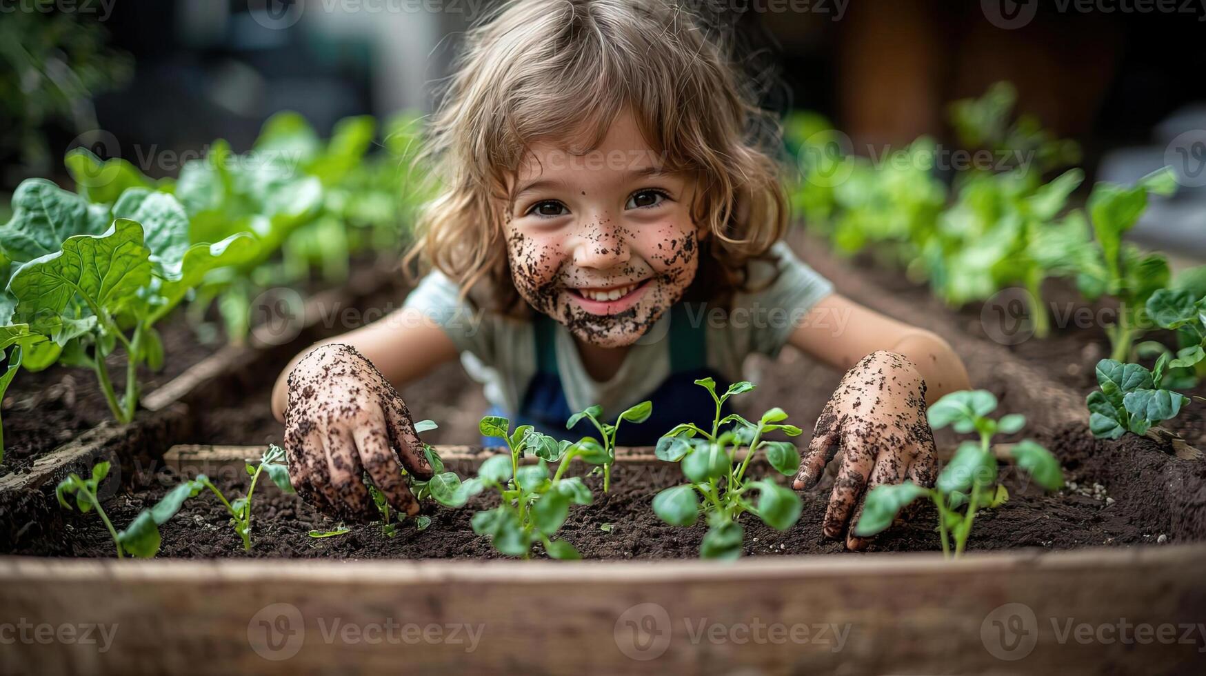 Child with a dirt-covered face, joyfully tending to small vegetable plants in a raised bed with bare hands, childhood gardening, happy and connected to nature photo