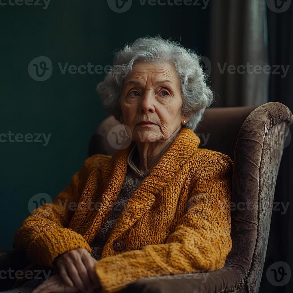 Sad elderly woman sitting in a chair, surrounded by empty space, looking away with a melancholic expression, alone and reflective photo