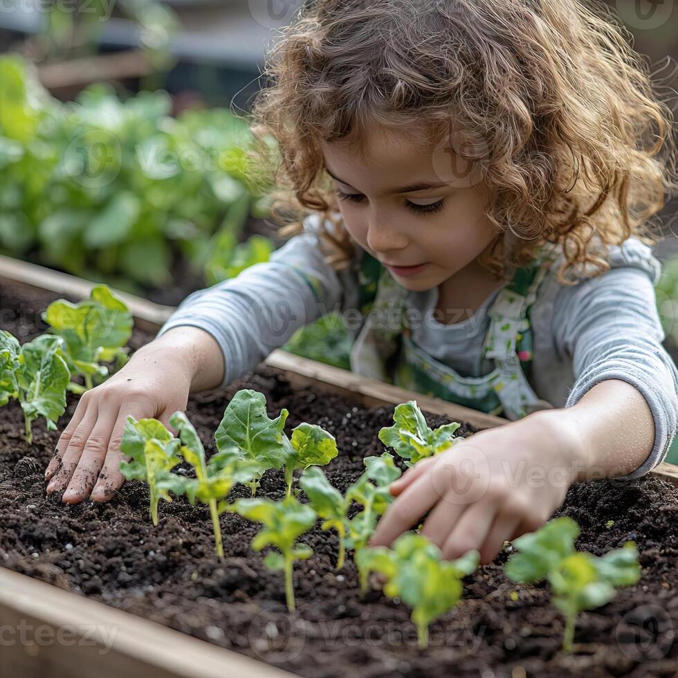 Child with a look of concentration, using their bare hands to pat down the soil around young vegetable plants in a raised bed, childhood in the garden, engaged and responsible photo