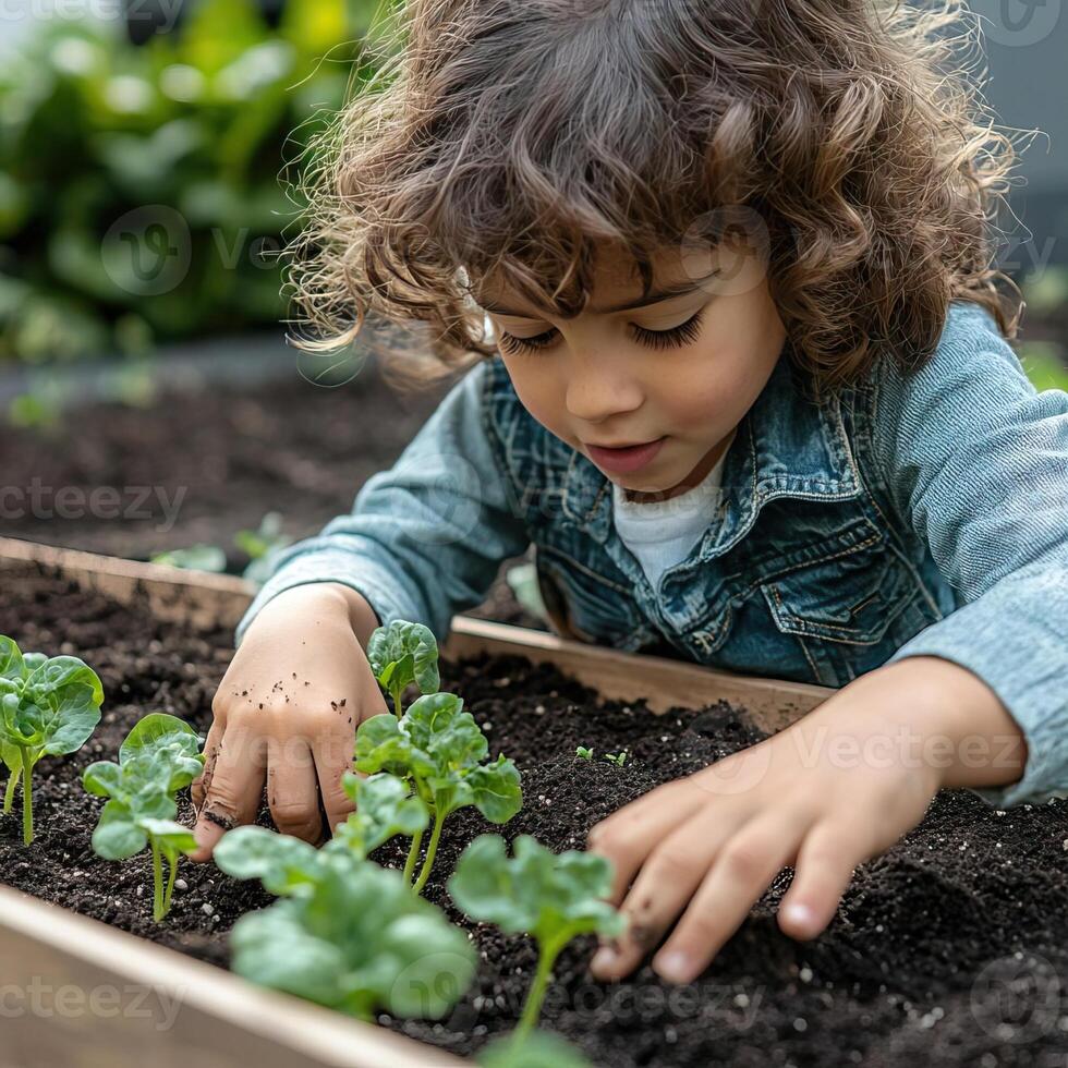 Child with a look of concentration, using their bare hands to pat down the soil around young vegetable plants in a raised bed, childhood in the garden, engaged and responsible photo