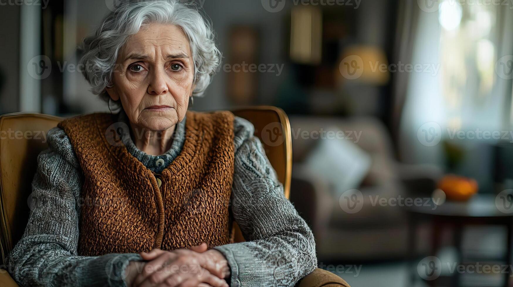 Sad elderly woman sitting on a chair in her living room, hands folded in her lap, staring into space, alone and empty photo