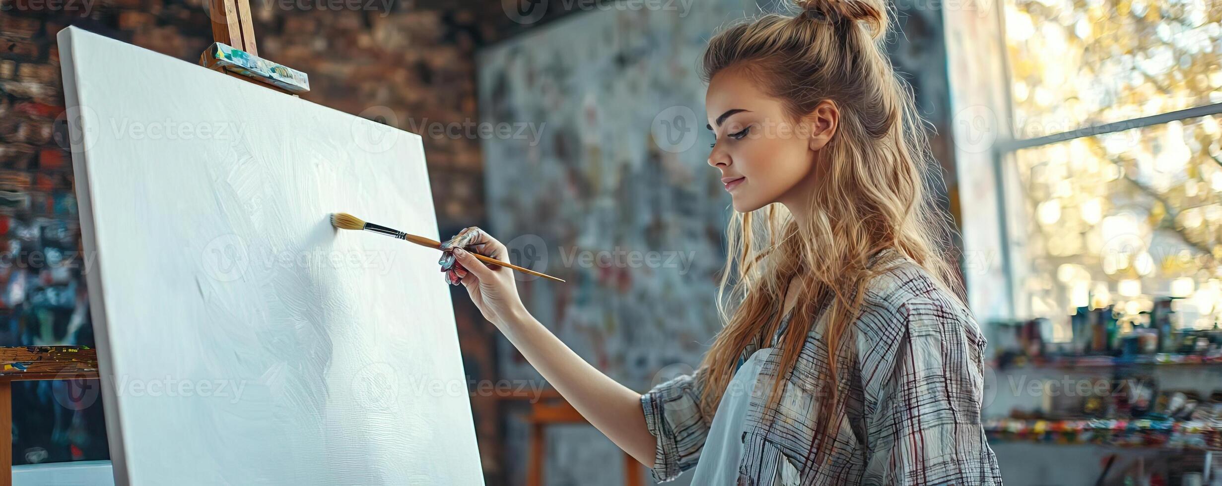 Girl painter in a minimalist studio, brush poised as she begins to paint on a new white canvas, creative process, thoughtful and passionate photo