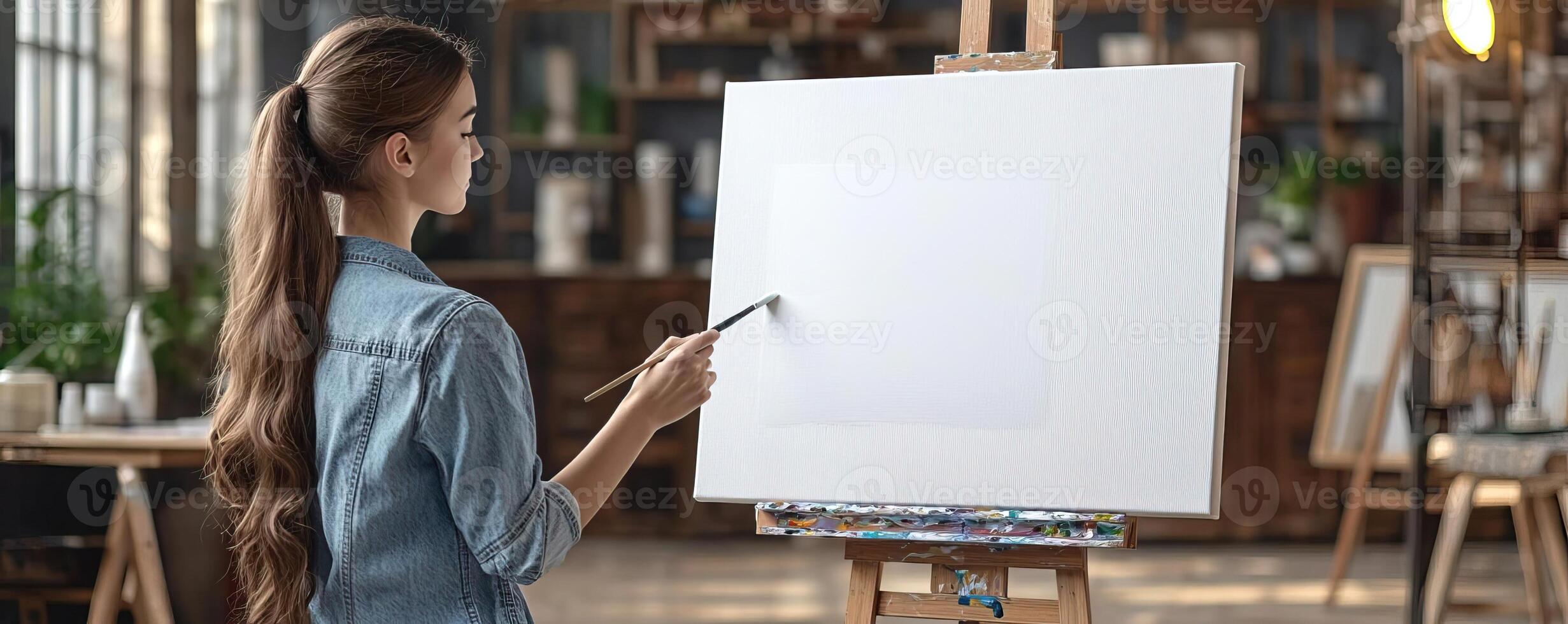 Creative artist standing by an easel with a fresh white canvas, beginning her artwork with a brush, modern studio setting, creative hobby, absorbed and inspired photo