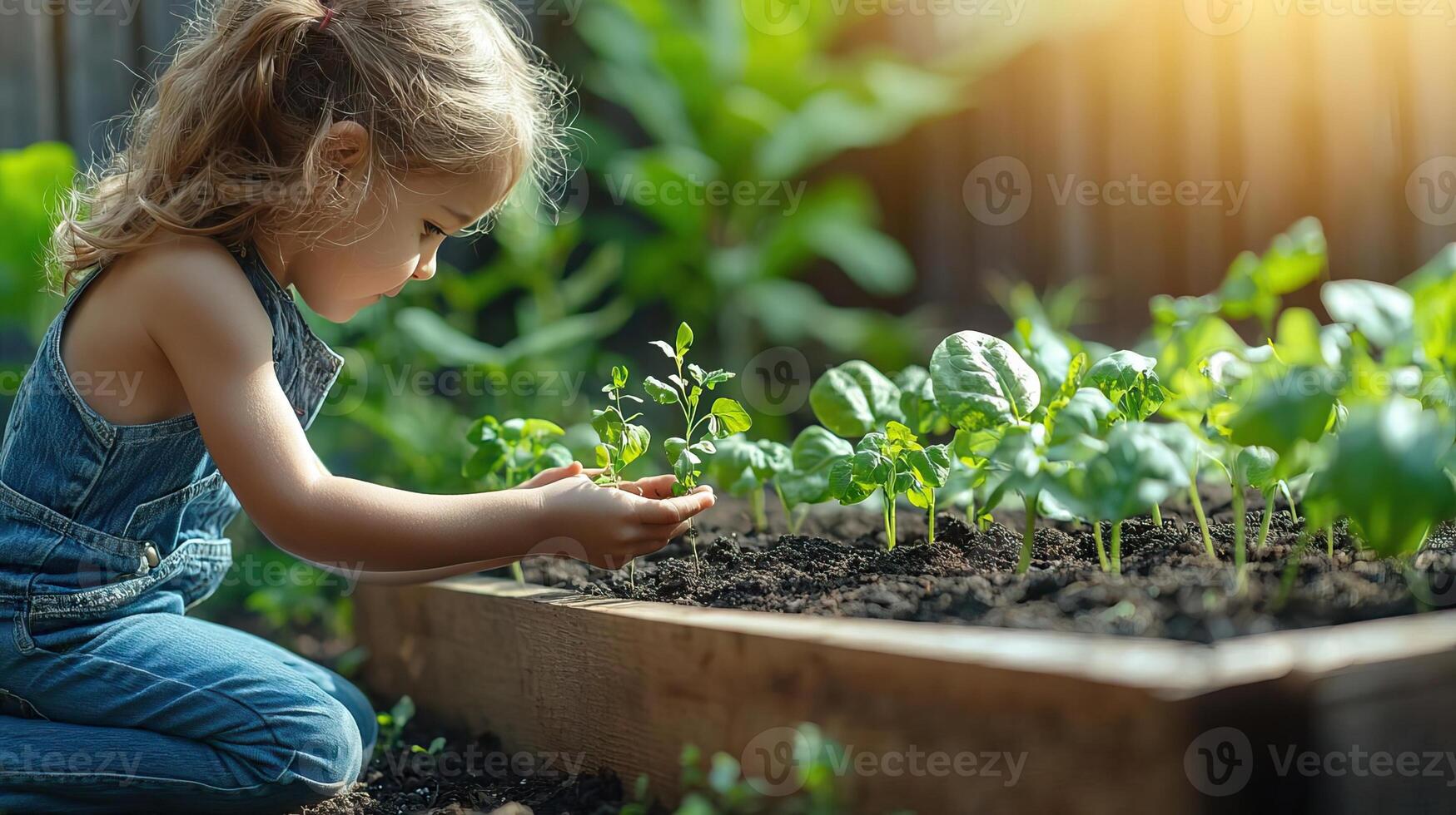 Child kneeling beside a raised garden bed, using their bare hands to plant tiny seedlings, with the sun shining down, childhood outdoors, peaceful and engaged photo