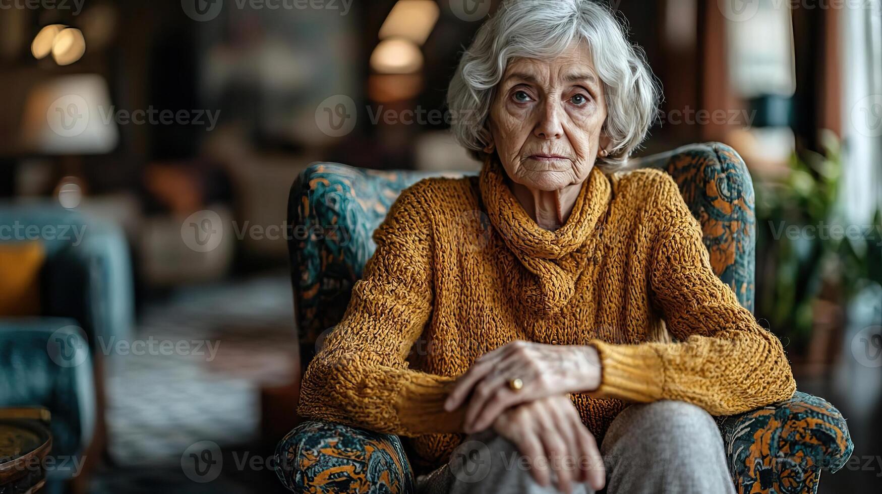 Sad elderly woman sitting on a chair in her living room, hands folded in her lap, staring into space, alone and empty photo