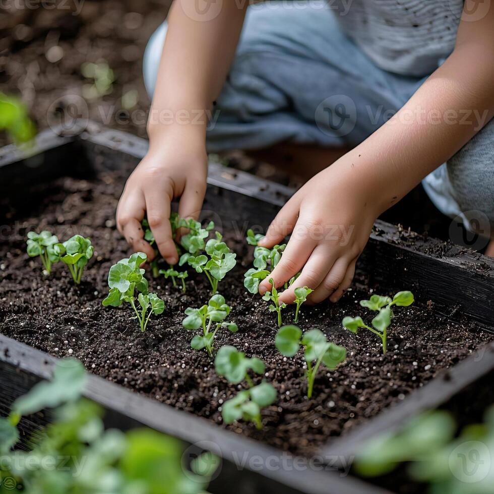 Child gently planting small vegetable seedlings in a raised garden bed with bare hands, surrounded by soil and greenery, childhood in the garden, nurturing and attentive photo