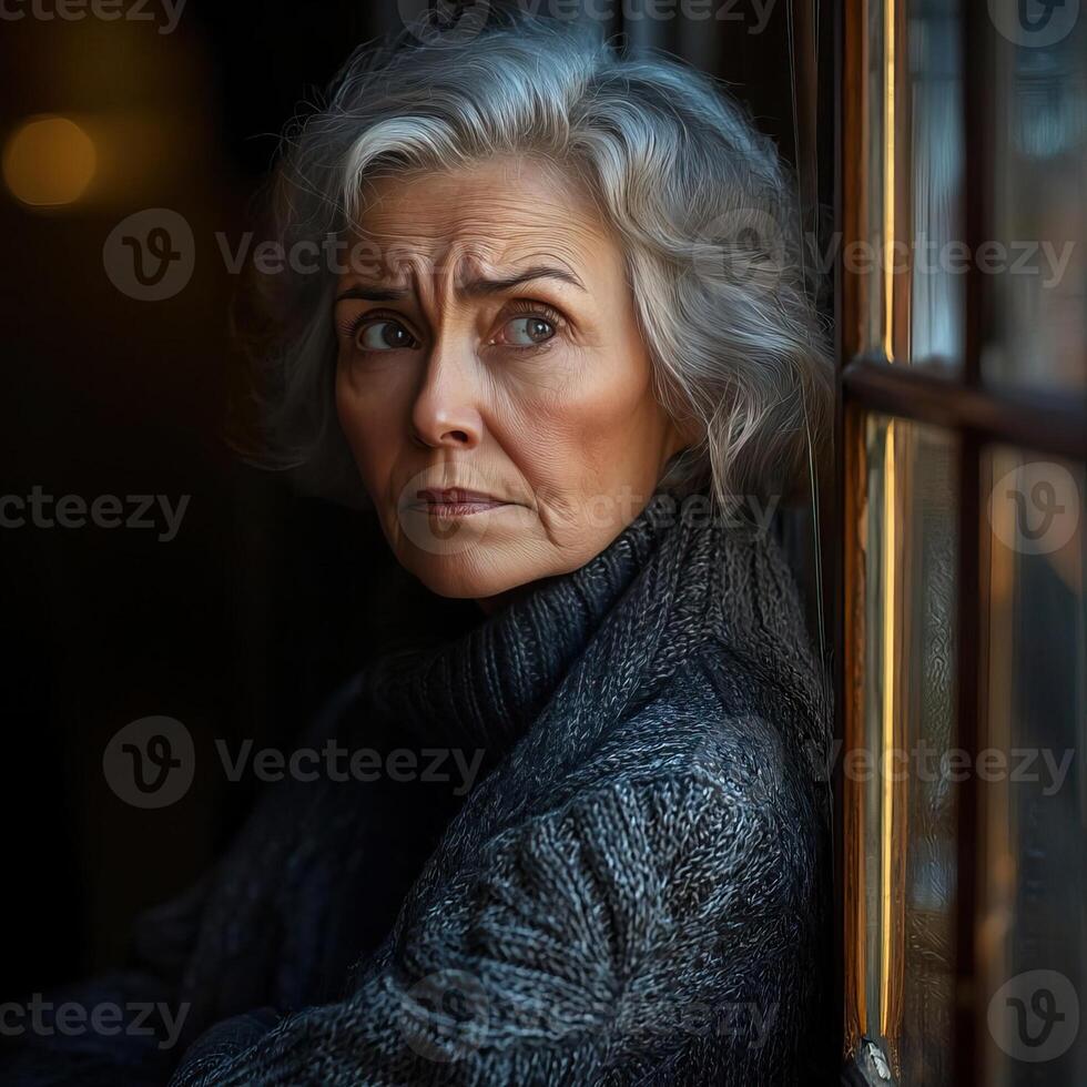 Elderly woman sitting by a window, gazing out with a distant look, sadness reflecting in her eyes, alone and contemplative photo