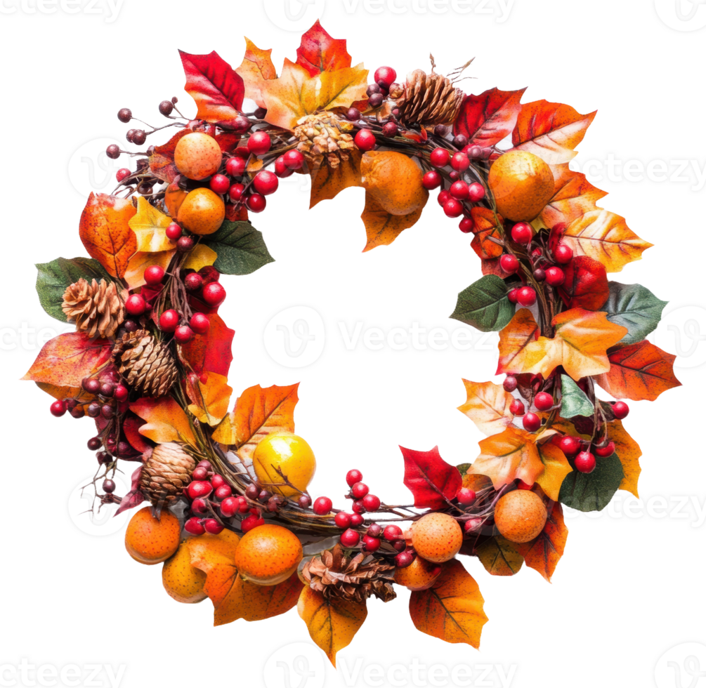 Autumn wreath with berries and pine cones, cut out - stock . png
