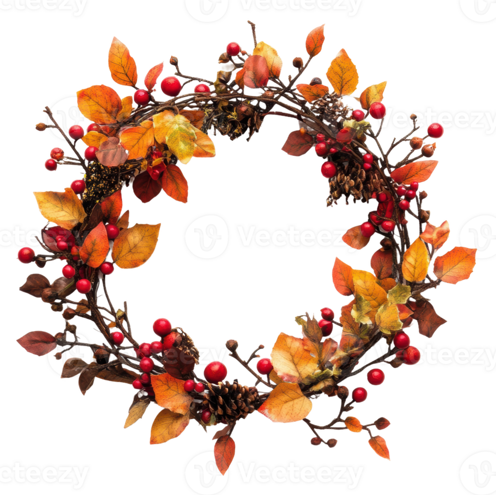 Autumn wreath with pinecones and berries, cut out - stock . png