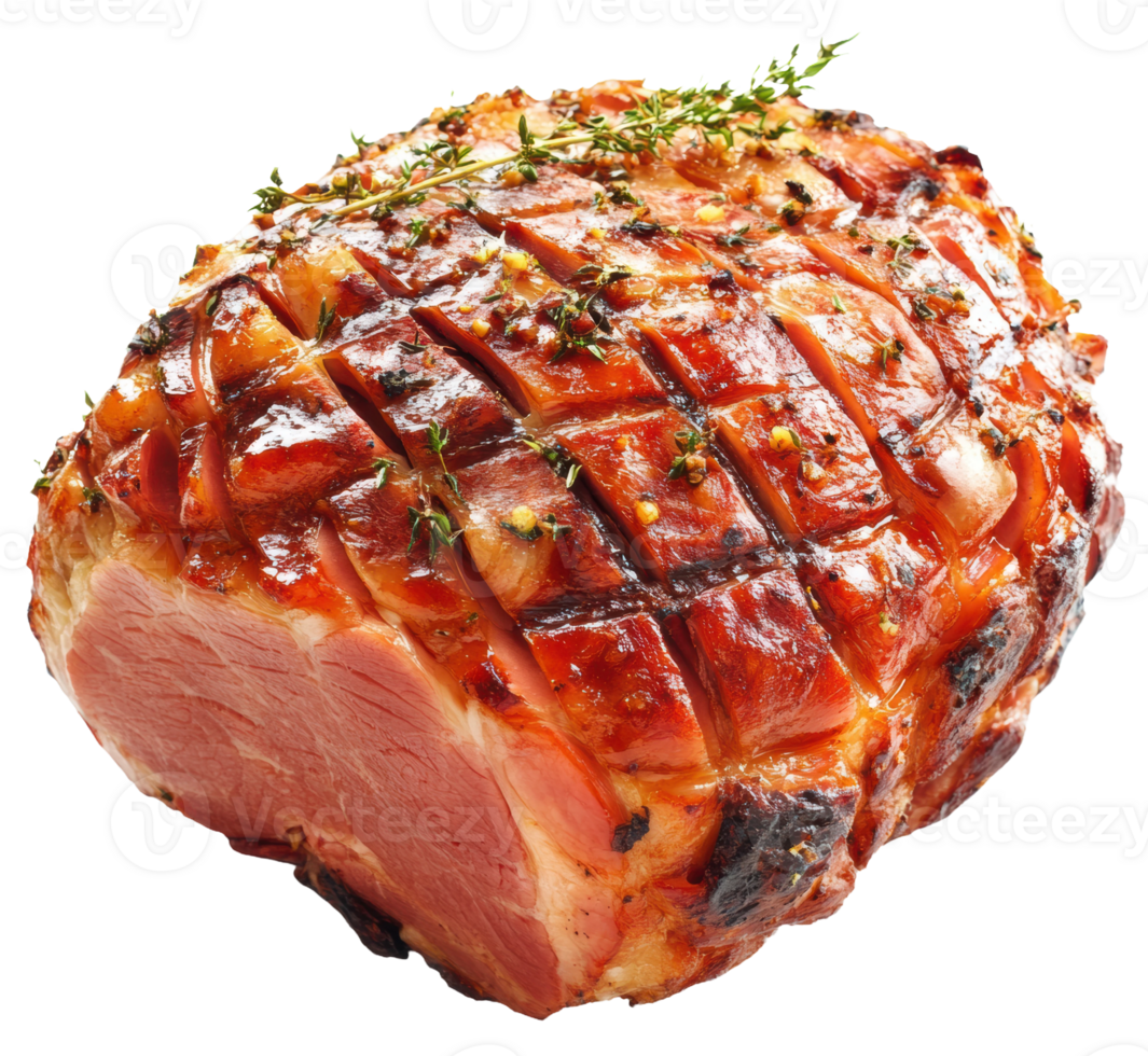 Glazed ham with herbs on a serving platter, cut out - stock . png