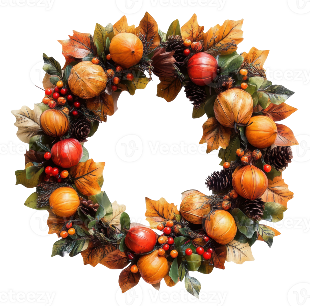 Autumn wreath with pumpkins and leaves, cut out - stock . png