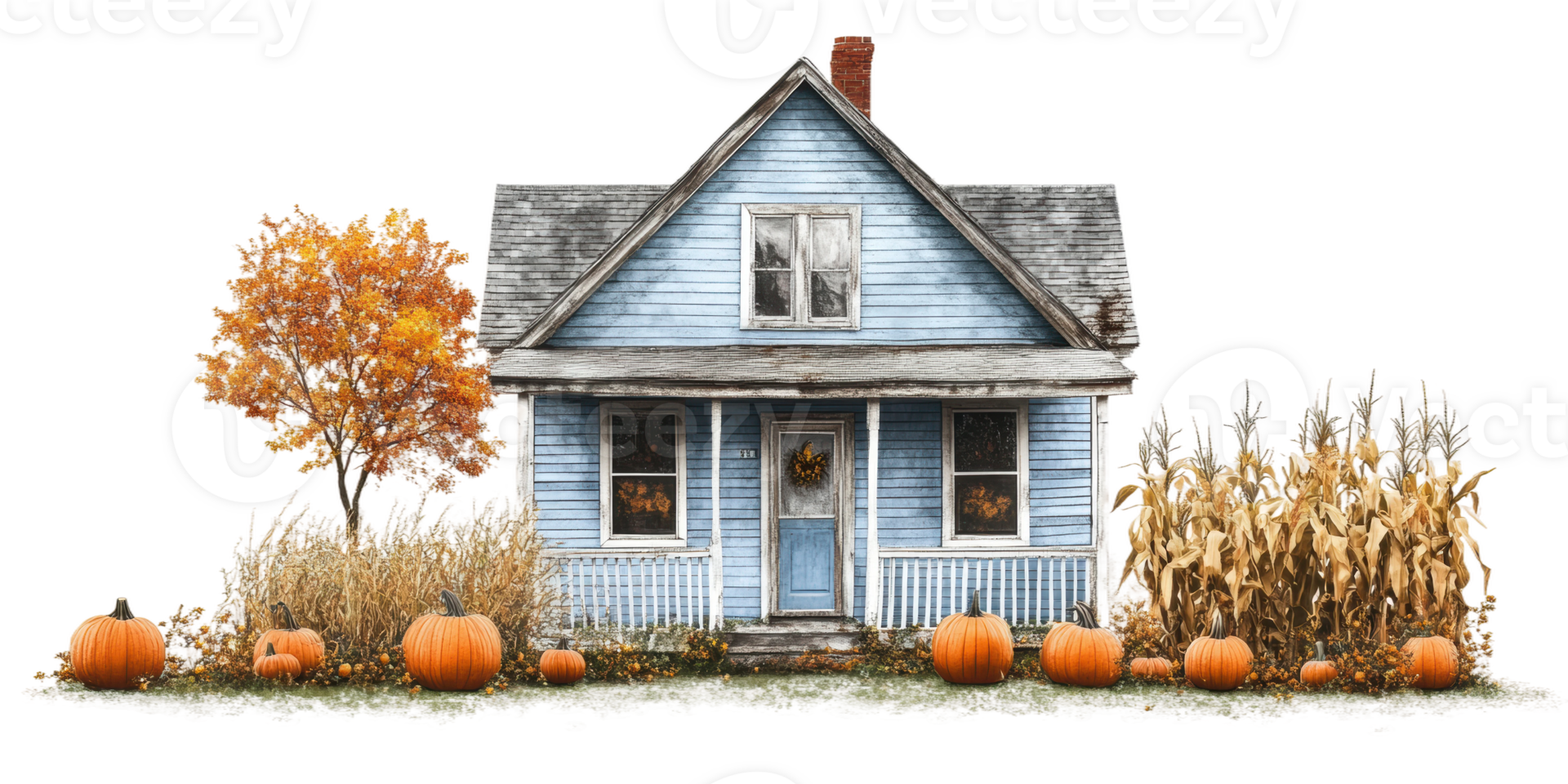 Blue house with pumpkins and autumn foliage, cut out - stock . png