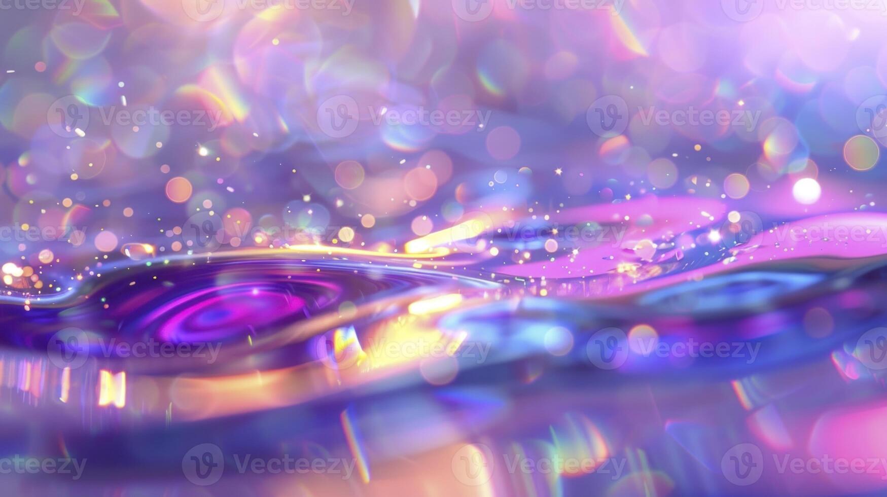 Abstract image of colorful bokeh lights reflecting on shiny liquid surface. Gradient background with purple and pink hues photo