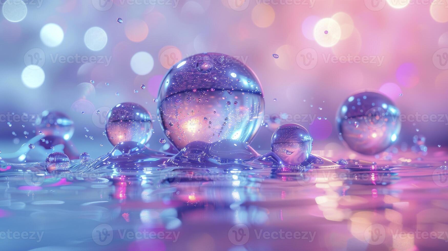 Iridescent bubbles float on a liquid surface with a vibrant bokeh background. photo